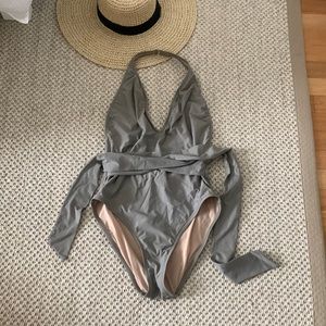 Jcrew Halter Wrap Tie Deep V One Piece Swim Suit in Earth